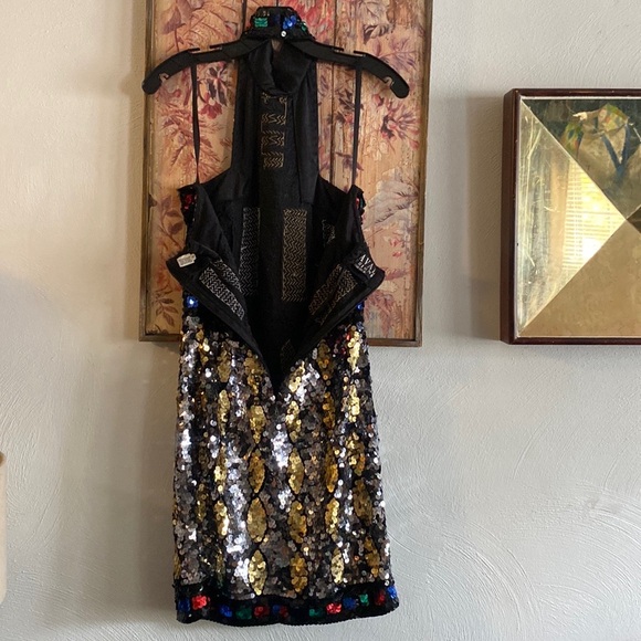 VINTAGE 70S 80S DRESS SEQUIN MINI DRESS HIGH NECK GEOMETRIC SHAPES SMALL - Picture 9 of 16